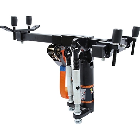 Schwarze Abschleppvorrichtung mit Orangenbändern und verstellbaren Halterungen.